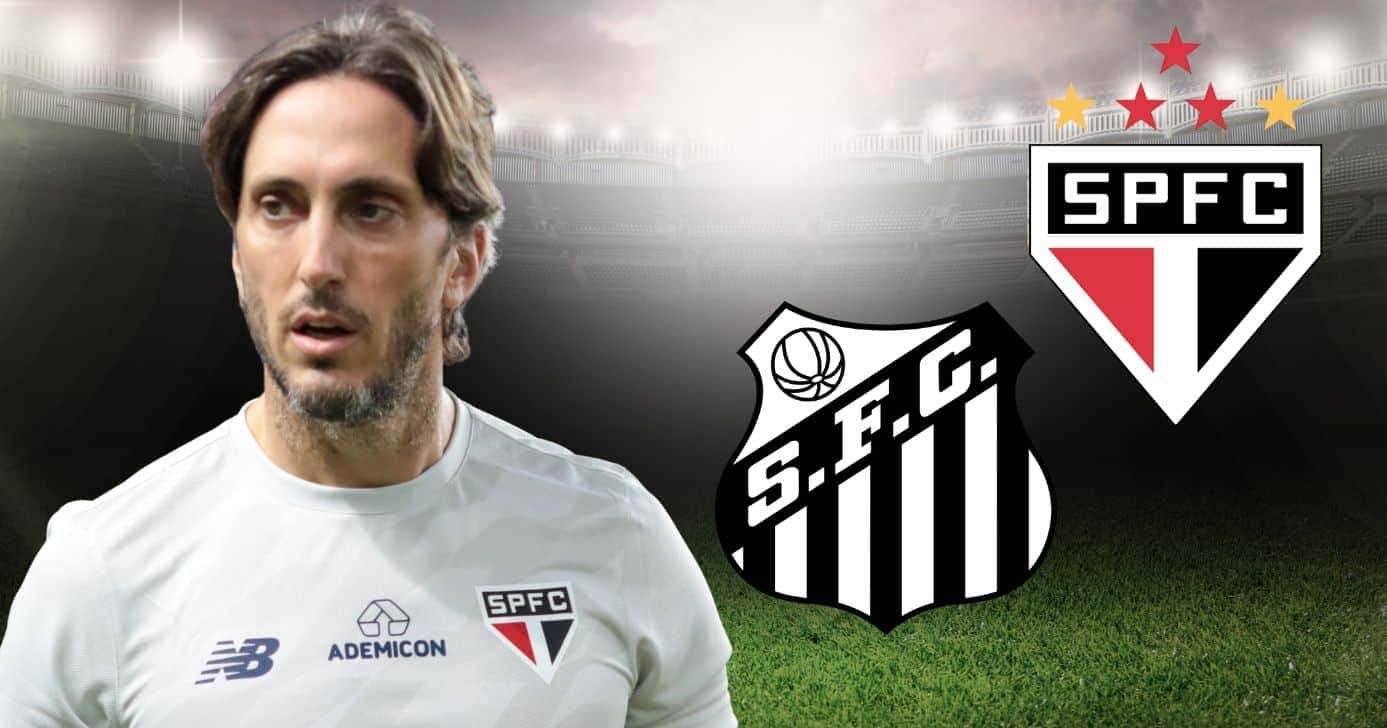 Luis Zubeldía, logo do Santos e do São Paulo (Foto: Reprodução / SFC / SPFC / Montagem TV Foco)