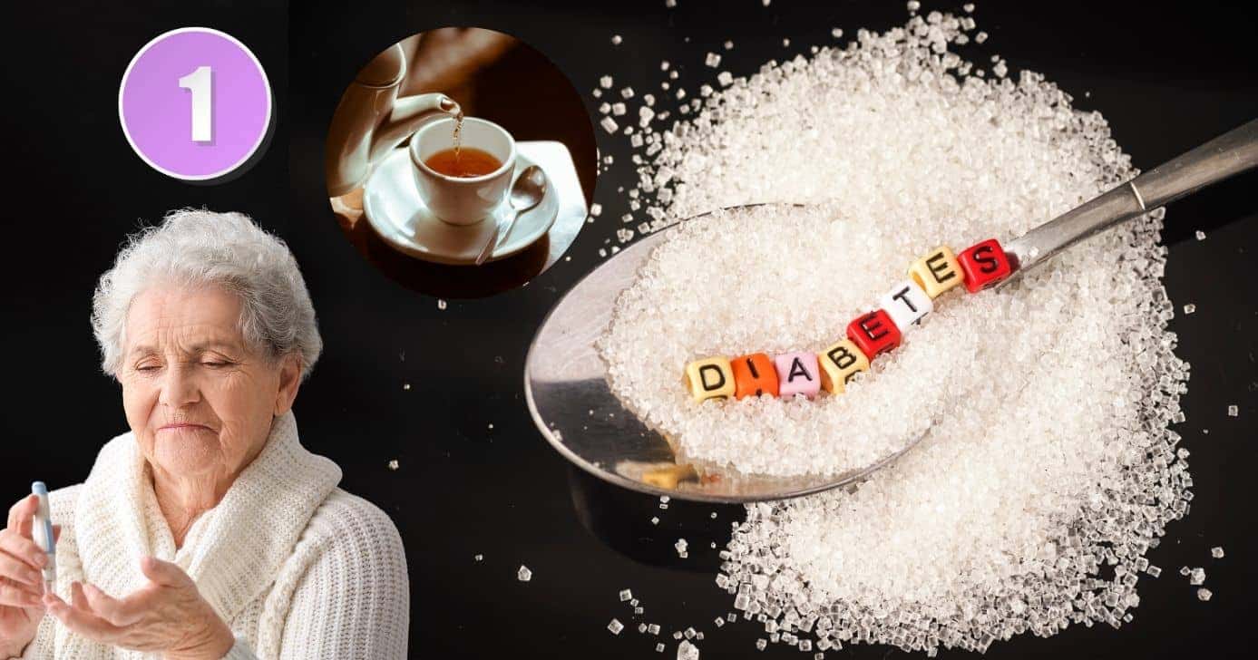 Ilustração de chá milagroso e idosa com diabetes (Foto: Reprodução / Canva / Montagem TV Foco)