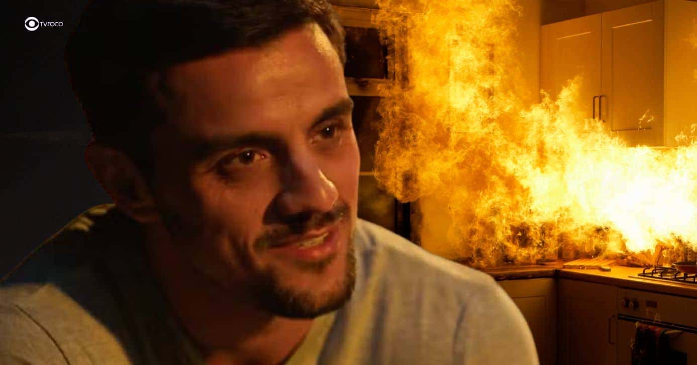Danilo e ilustração de incêndio na cozinha em Dona de Mim (Foto: Reprodução / Globo / Montagem TV Foco)