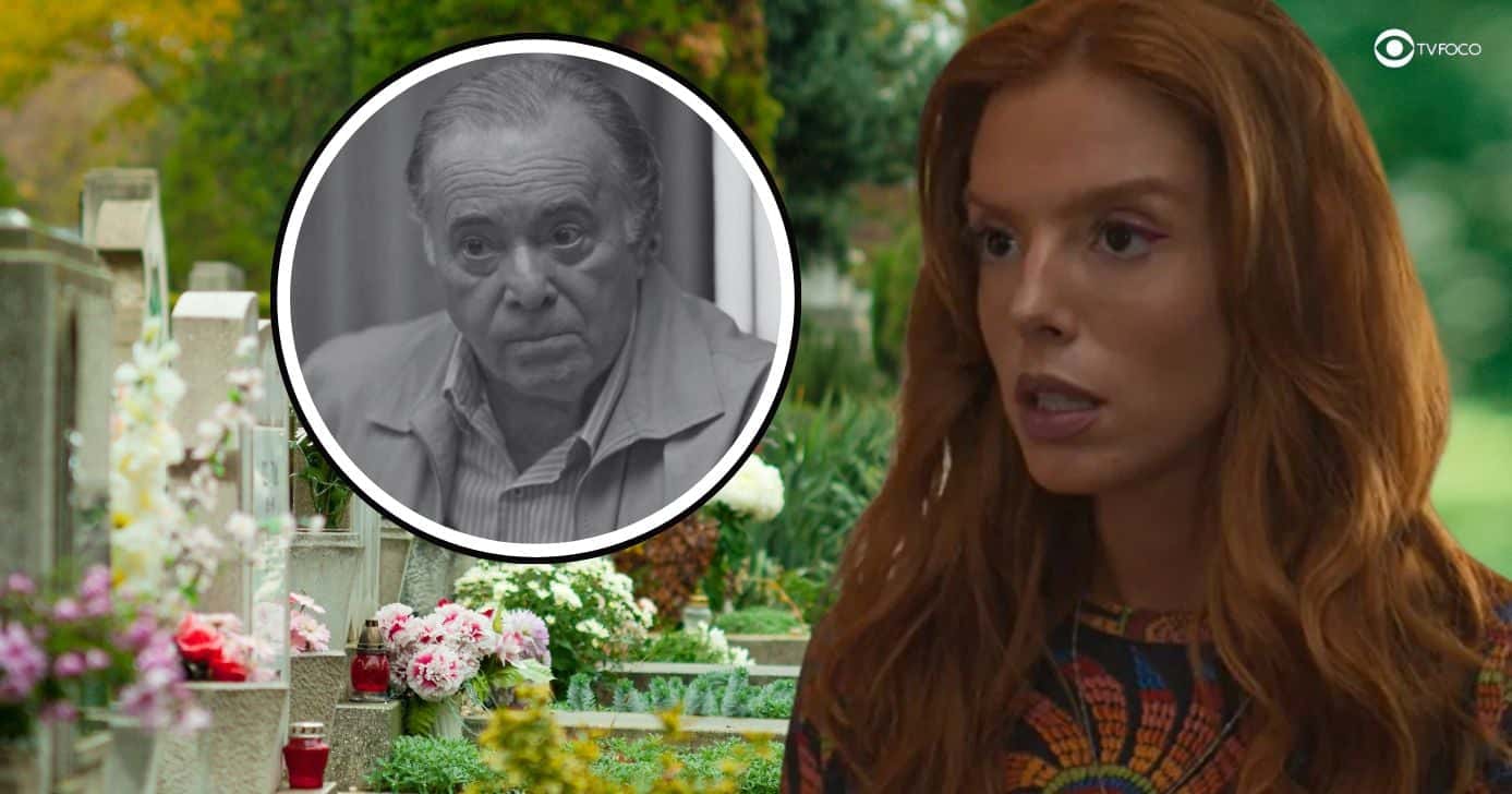 Ilustração de cemitério, Abel e Kami em Dona de Mim (Foto: Reprodução / Globo / Montagem TV Foco)
