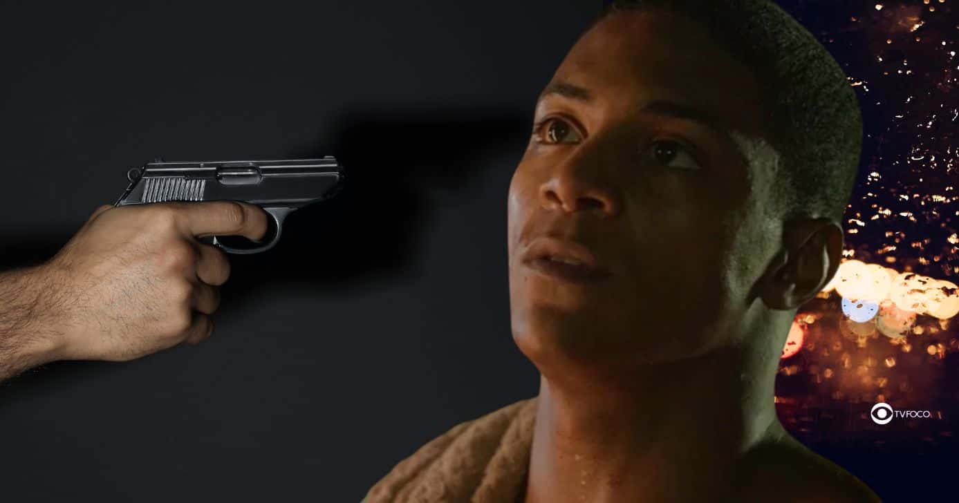 Ilustração de motoqueiro armado e Marlon em Dona de Mim (Foto: Reprodução / Globo / Montagem TV Foco)