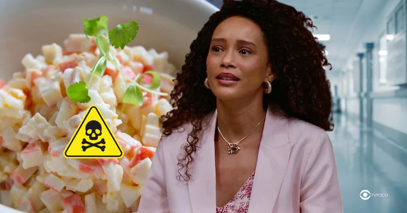 Ilustração de maionese envenenada, hospital e Raquel em Vale Tudo (Foto: Reprodução / Globo / Montagem TV Foco)