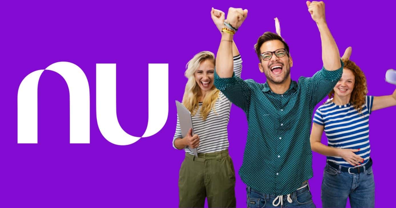 Logo Nubank e pessoas comemorando (Fotos: Reproduções / Internet / Canva)