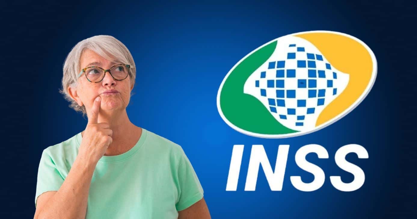 Idosa pensando e logo do INSS (Fotos: Reproduções / Canva / Internet)