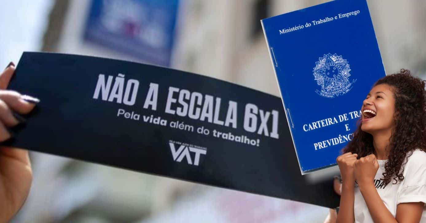Trabalhadores pulando de alegria: redução histórica na jornada de trabalho é preparada a CLTs para 2026 (Foto Reprodução/Montagem/TV Foco/Canva/Paola)