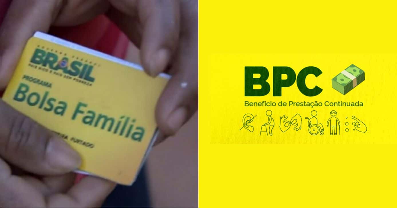 lei - Mulher segurando cartão do Bolsa Família e logo BPC (Fotos: Reproduções / Globo / Internet)
