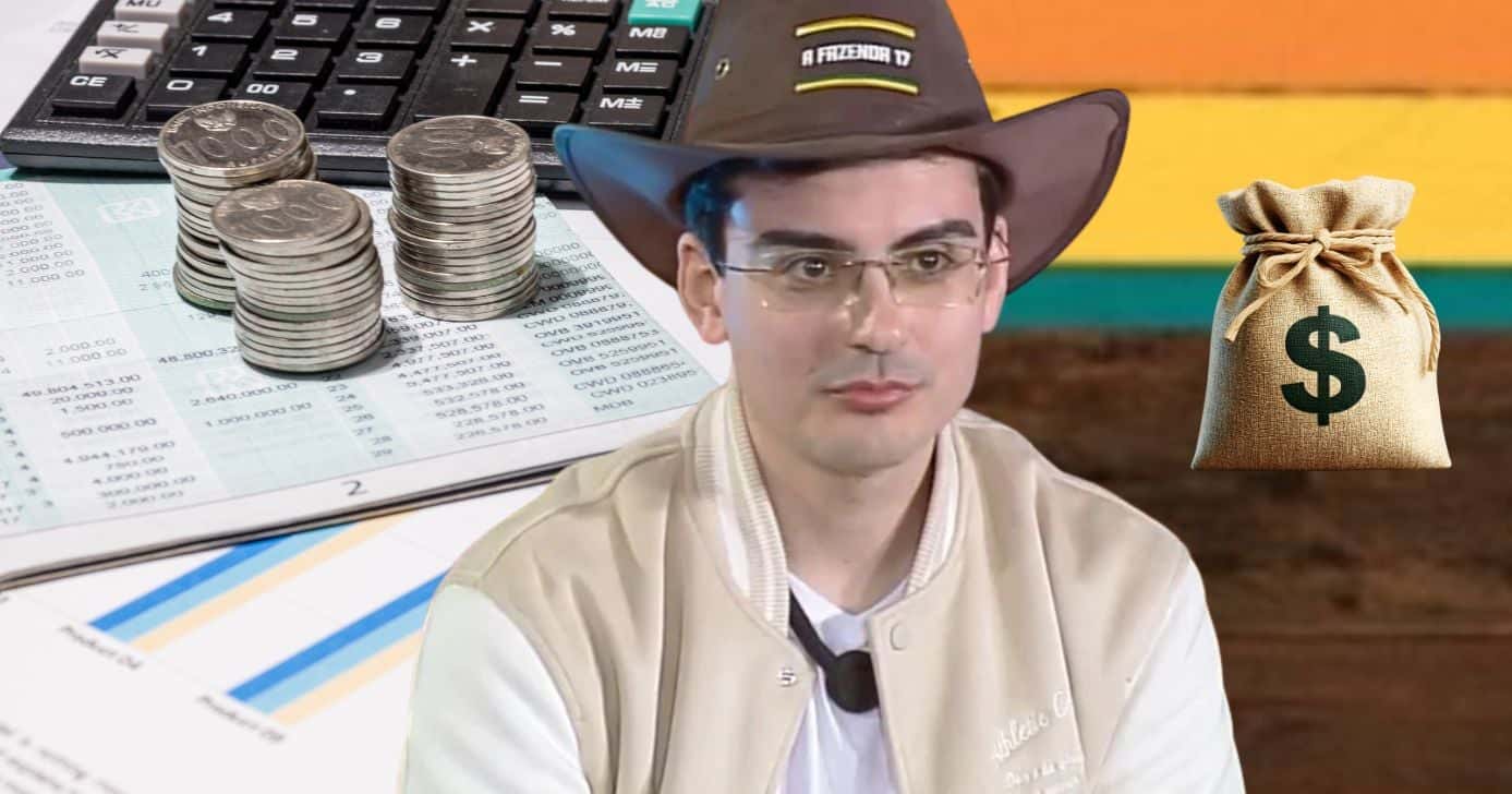 Ilustração de conta poupança e Dudu Camargo em A Fazenda 17 (Foto: Reprodução / Canva / Record / Montagem TV Foco)