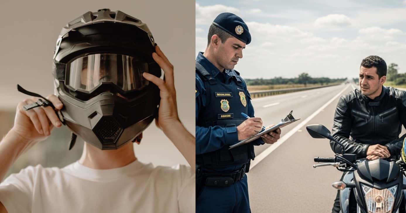 Atenção, motoqueiros: Lei dos capacetes em vigor proíbe viseira irregular e gera multa imediata (Foto Reprodução/Montagem/TV Foco/Canva/Paola)