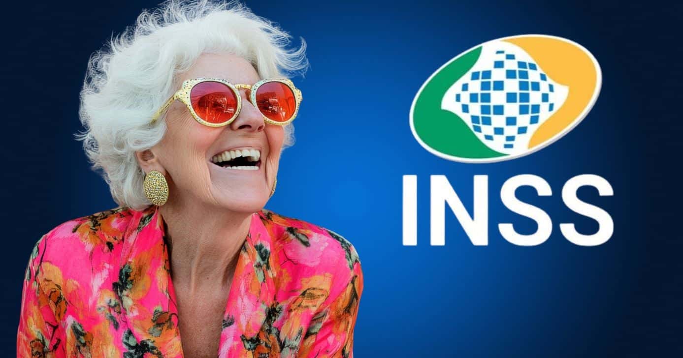 Idosa feliz e logo do INSS (Fotos: Reproduções / Canva / Internet)