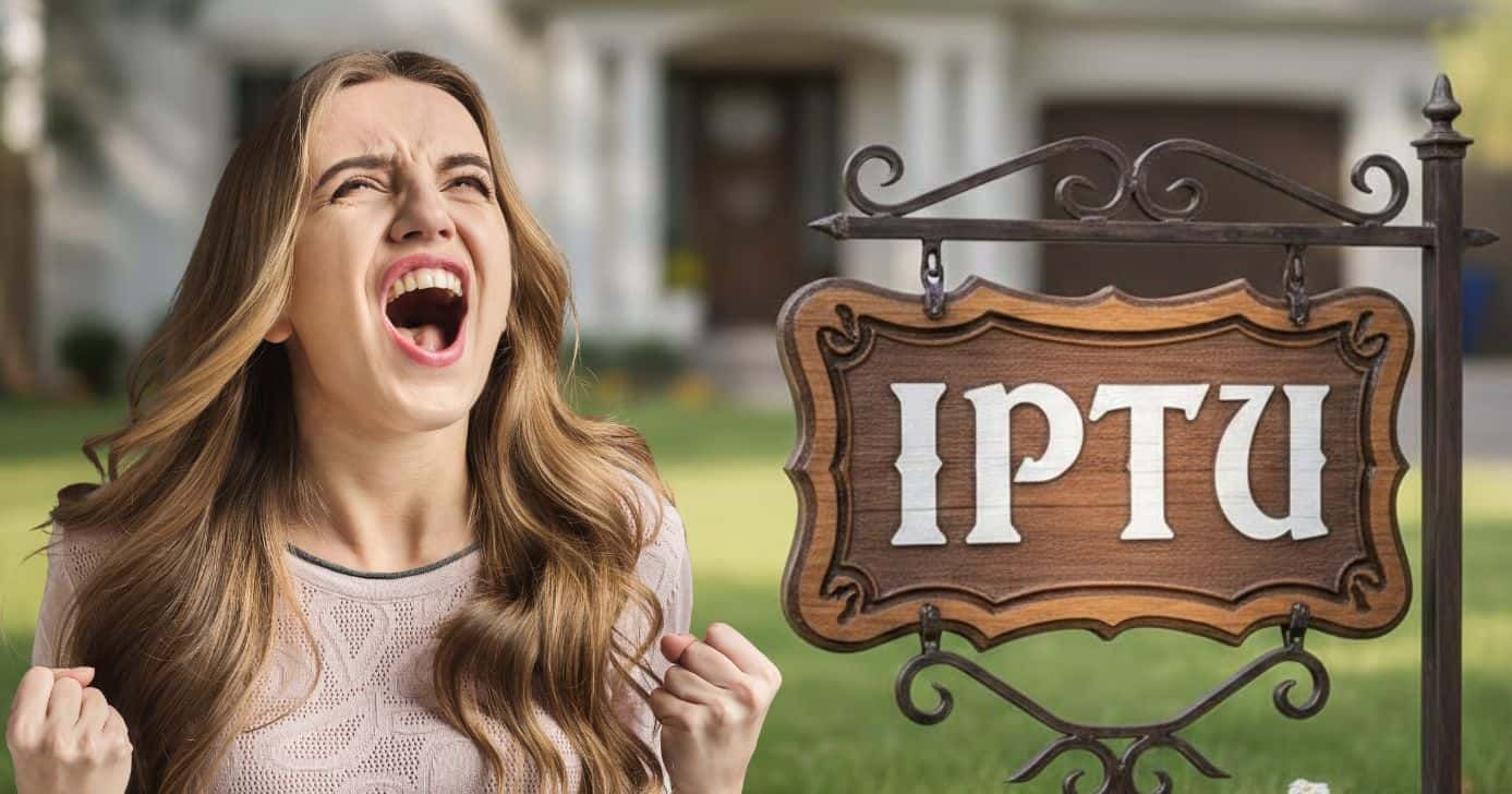 Mulher irritada e ilustração de IPTU (Foto: Montagem TV Foco / GMN / Canva)