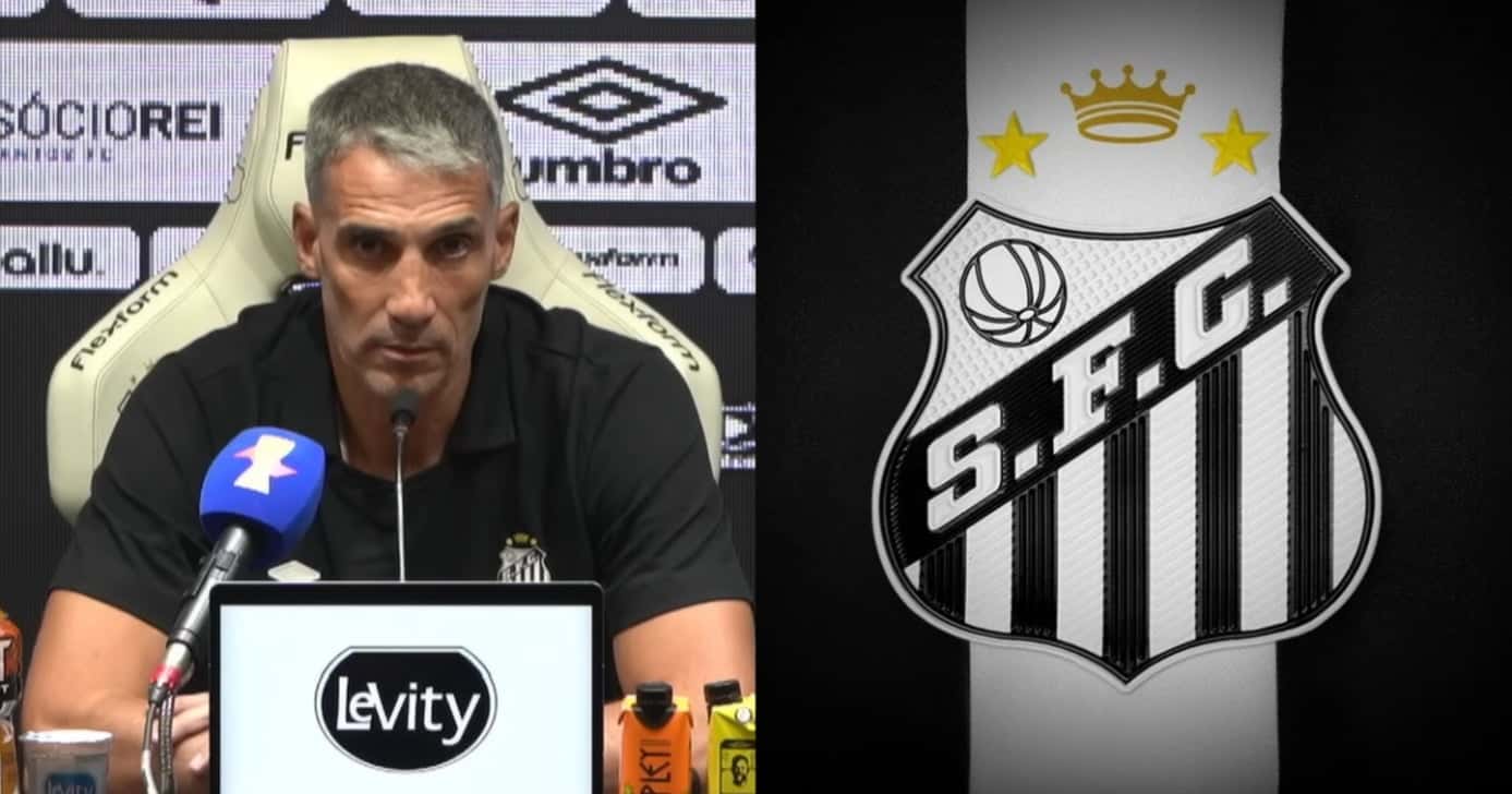 Vojvoda e escudo do Santos (Foto: Reprodução - Santos TV/ Internet)