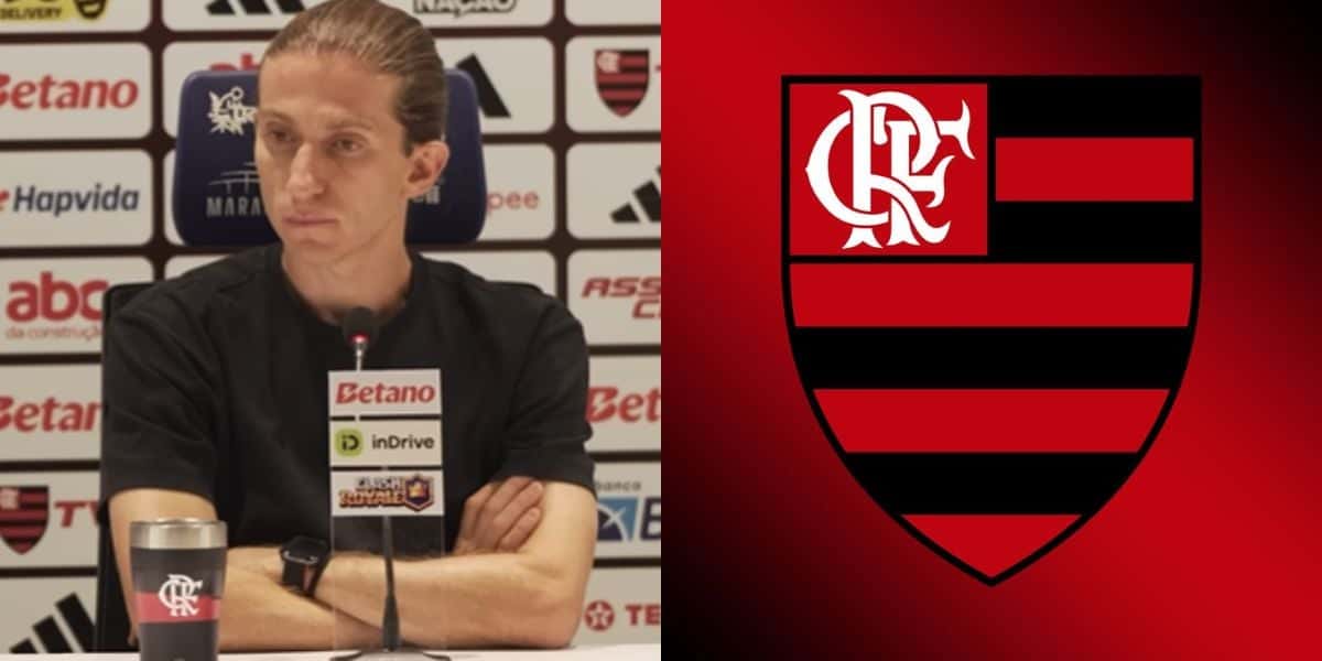 Filipe Luís ao lado do escudo do Flamengo (Reprodução: Youtube)