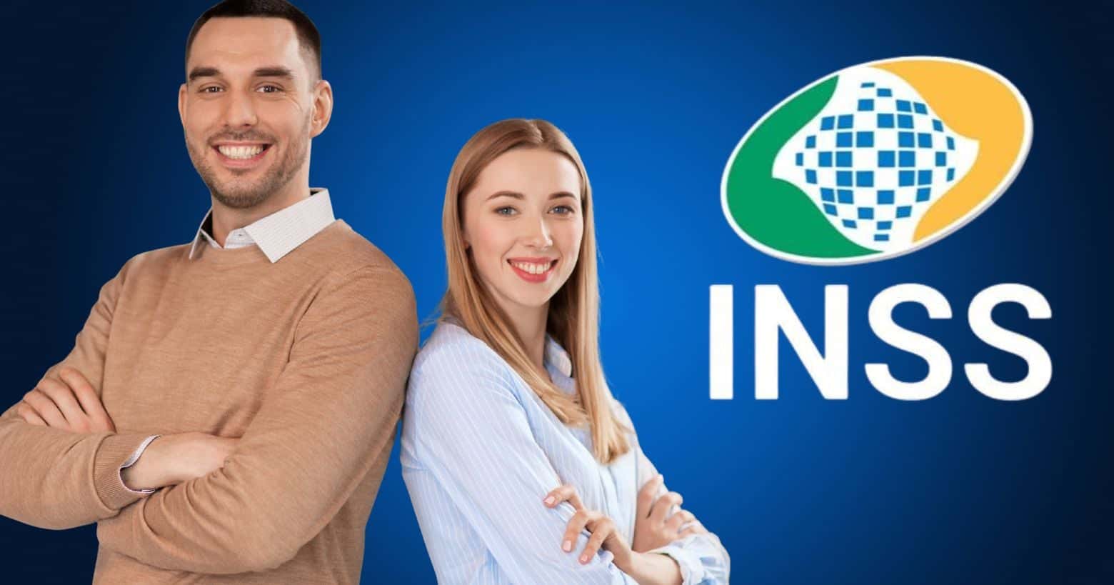Homem, mulher e logo do INSS (Foto: Montagem TV Foco / Canva / Internet)