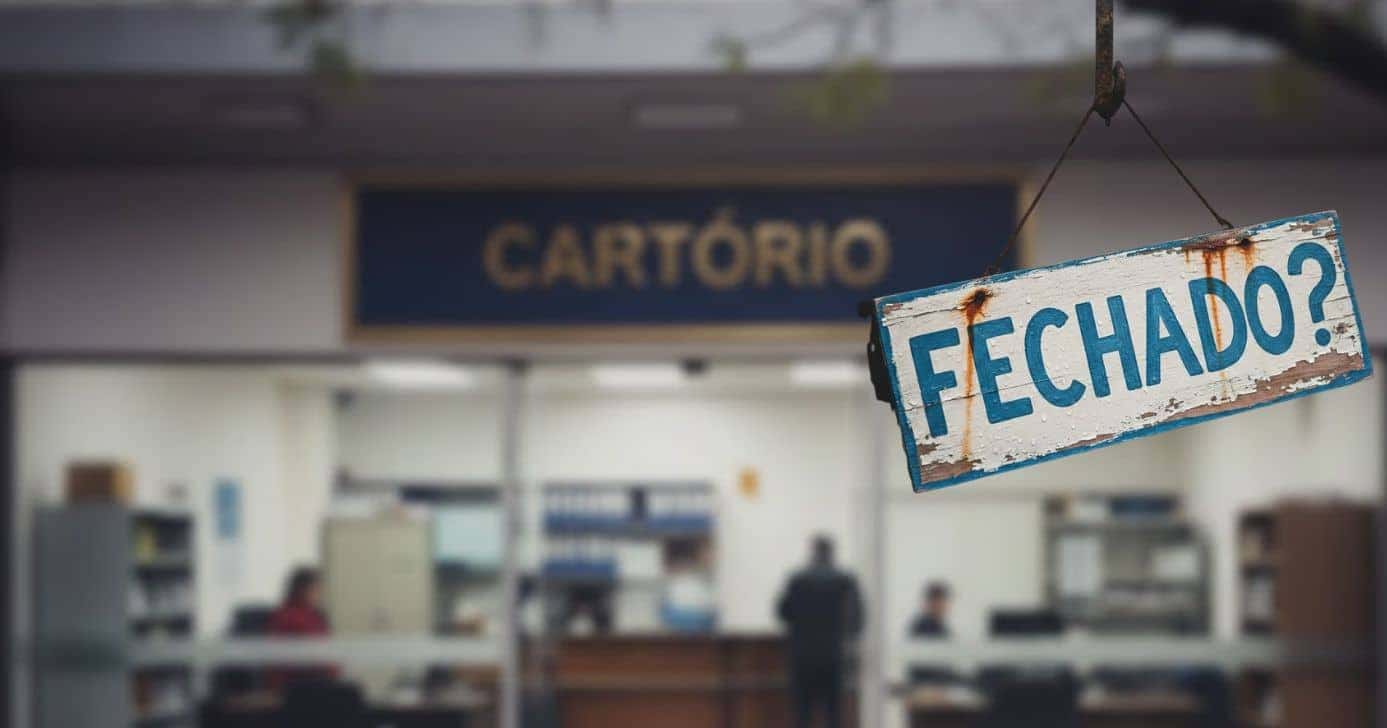 Ilustração cartório e placa de fechado (Foto: Montagem TV Foco / GMN)