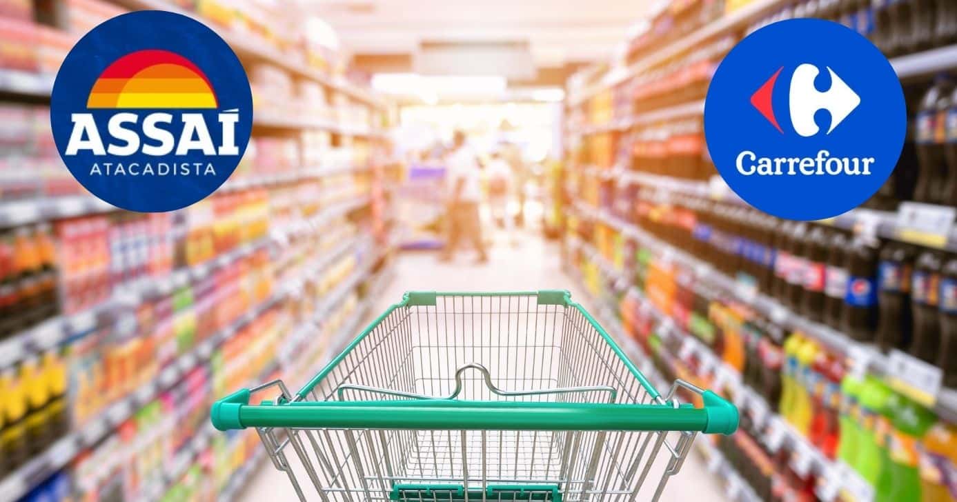Ilustração supermercado, logo Assaí e Carrefour (Fotos: Reproduções / Internet / Canva)
