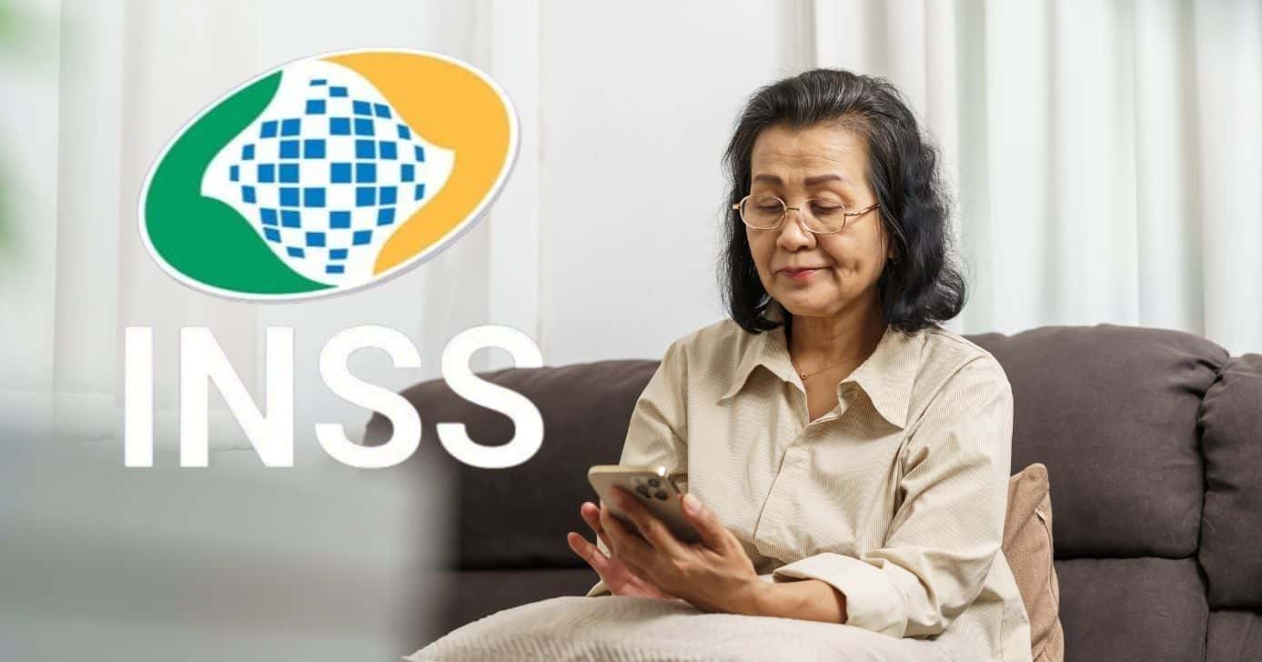 Logo INSS e idosa no celular (Foto: Montagem TV Foco / Canva/ Internet)