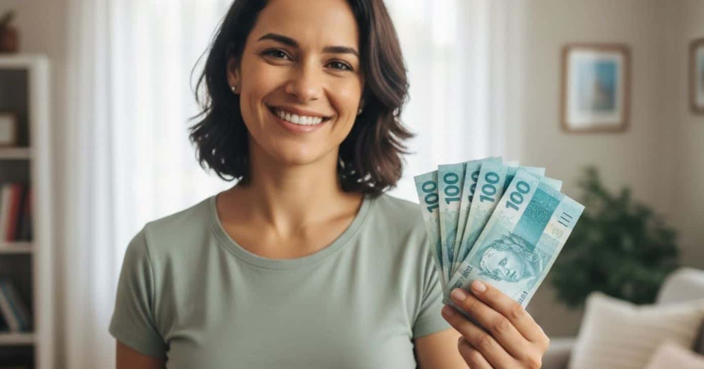 Mulher segurando notas de cem reais (Foto: Montagem TV Foco / GMN)