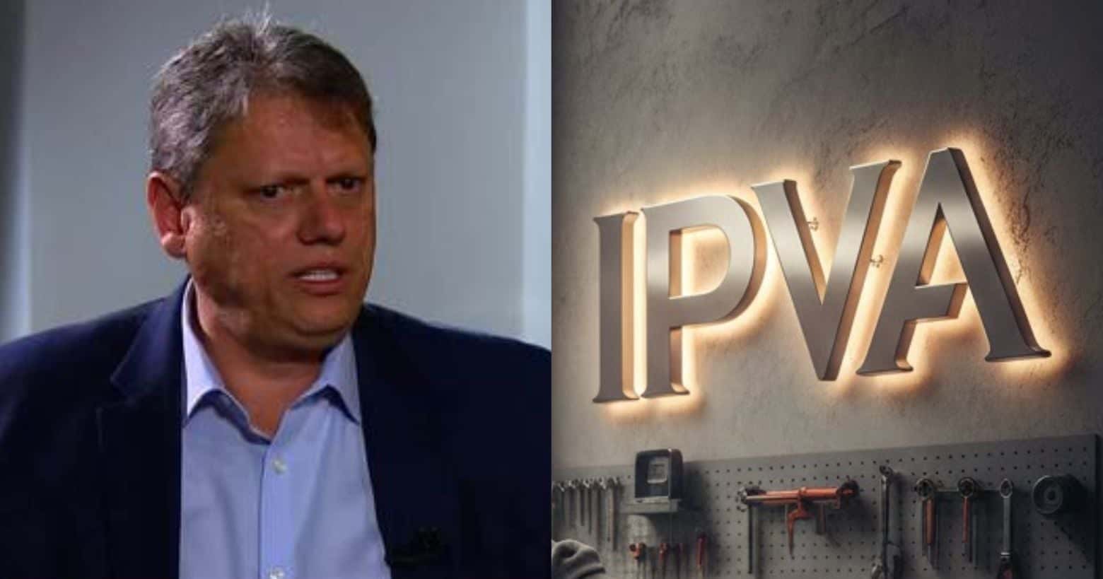 Tarcísio de Freitas e logo IPVA (Foto: Montagem TV Foco / GMN / Globo)