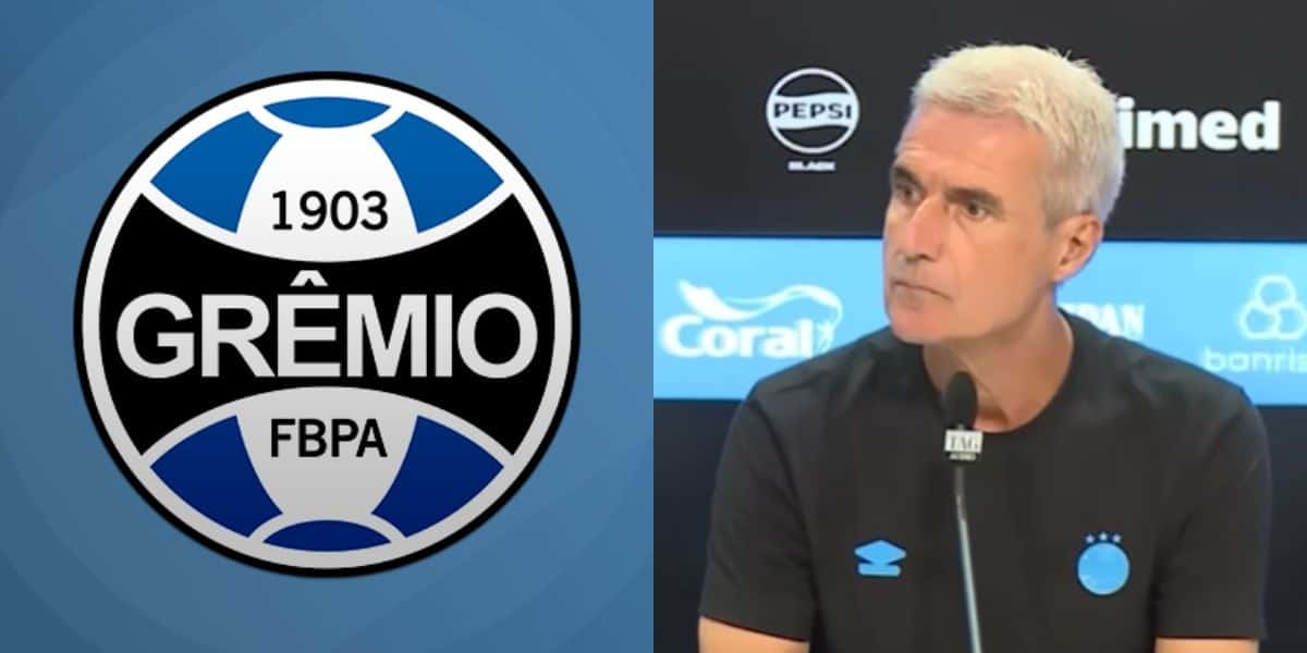 Luís Castro e o escudo do Grêmio (Reprodução: Youtube/ Grêmio TV)