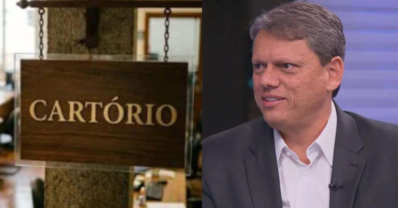 Ilustração cartório e Tarcísio de Freitas (Foto: Montagem TV Foco / GMN / Canva)