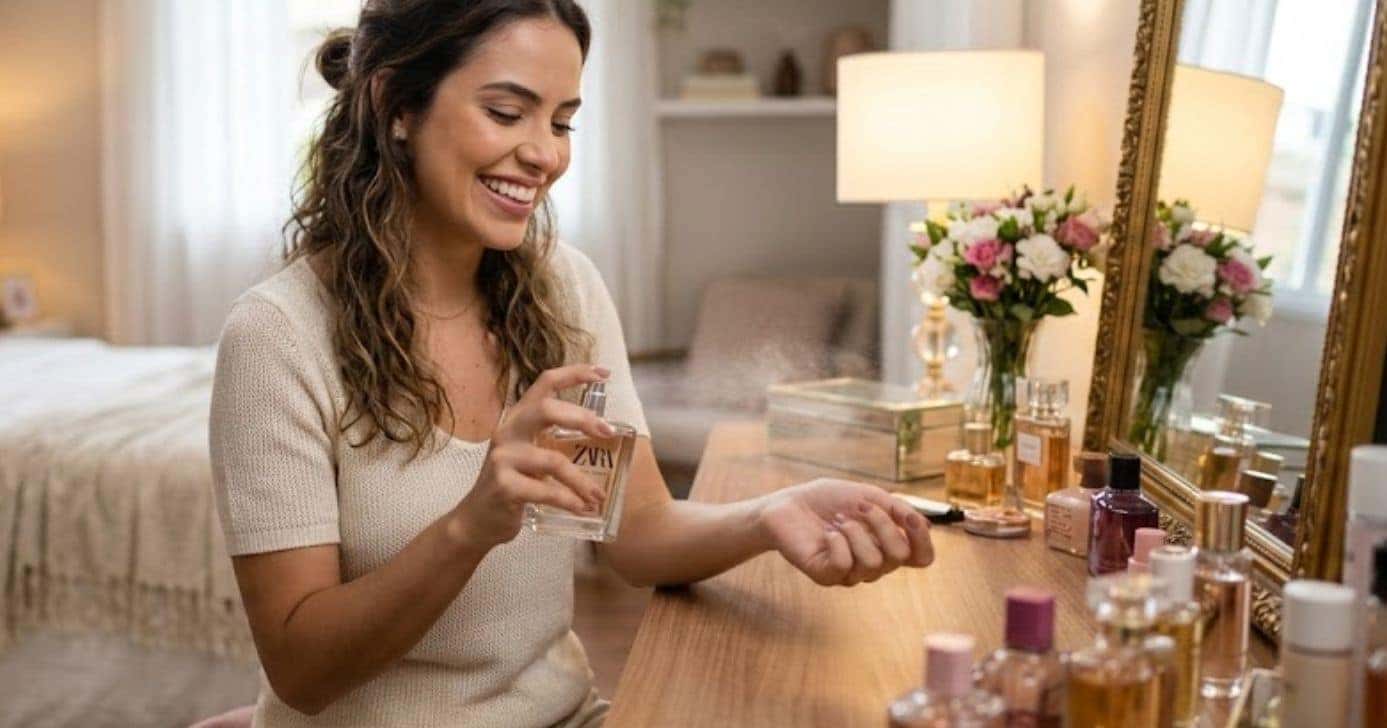Ilustração mulher passando perfume da Zara (Foto: Montagem TV Foco / GMN)