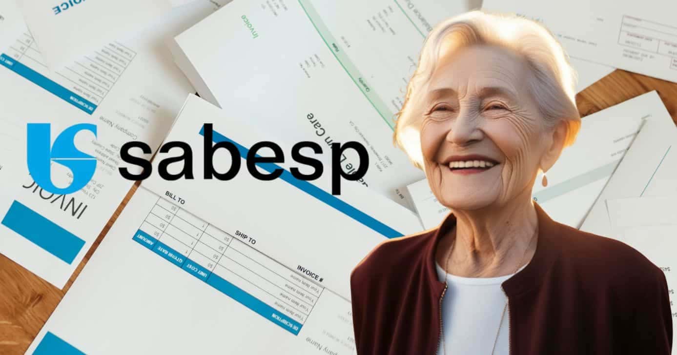 Ilustrações contas, logo Sabesp e idosa (Foto: Montagem TV Foco / Canva / Sabesp)
