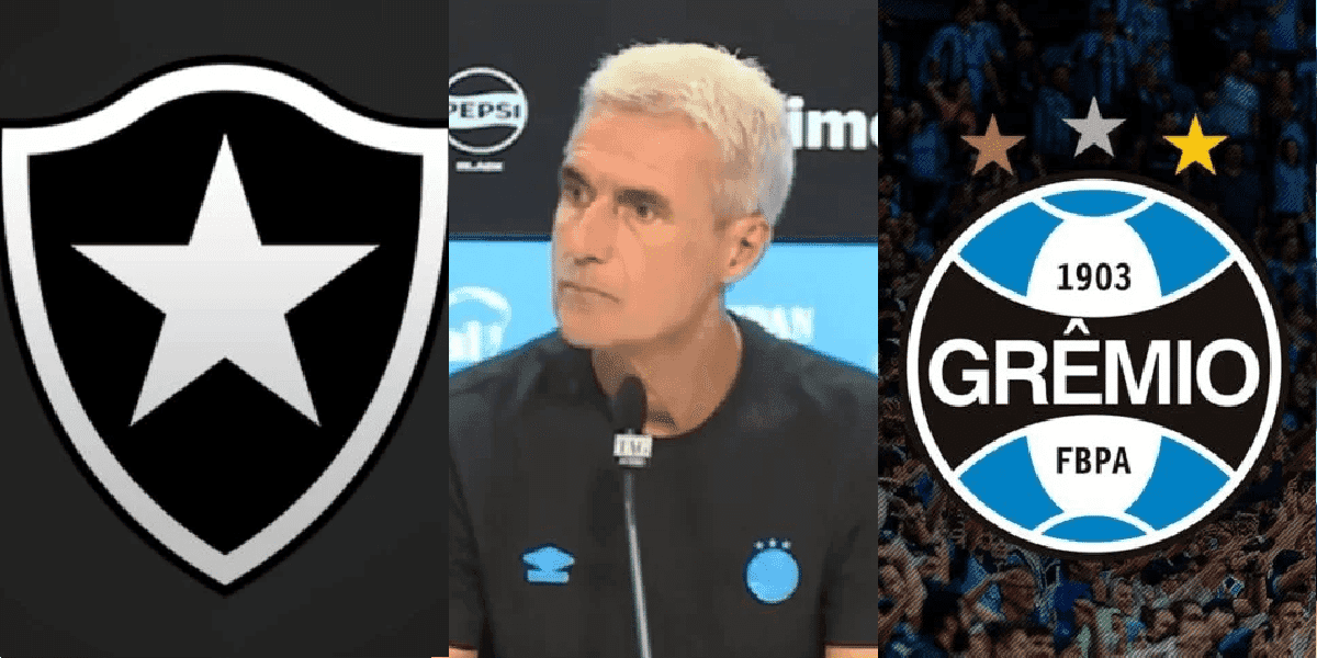 Luís Castro e escudo do Grêmio e Botafogo (Foto: Reprodução/ YouTube/ Grêmio TV)