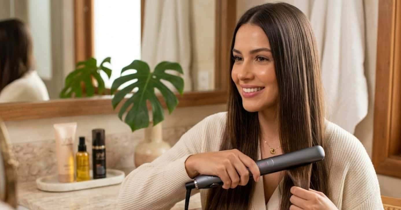Mulher alisando o cabelo com chapinha (Foto: Montagem TV Foco / GMN)