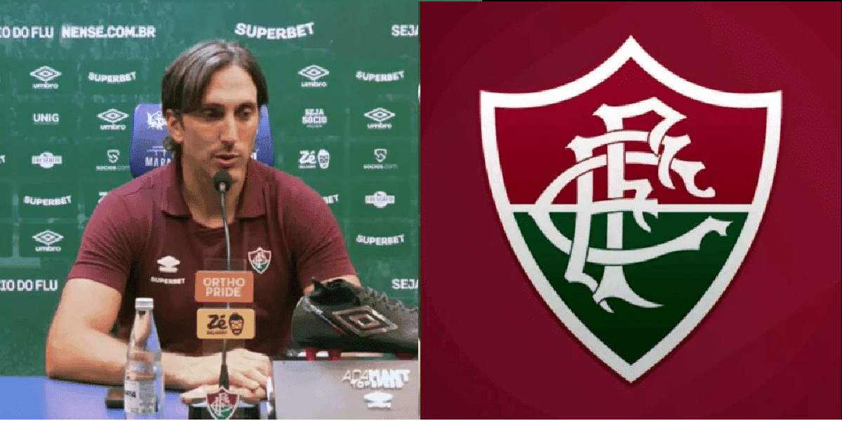 Zubeldia ao lado do escudo do Fluminense (Foto: Reprodução/Youtube/ FluTV)