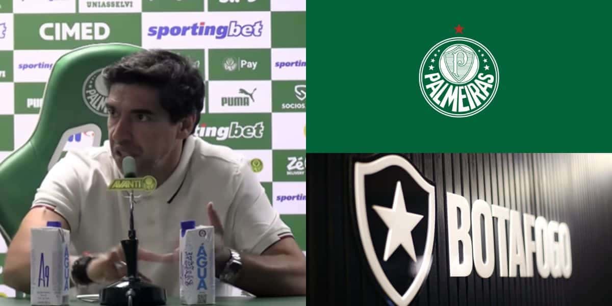Abel ao lado do escudo do Palmeiras e Botafogo (Reprodução: Youtube)
