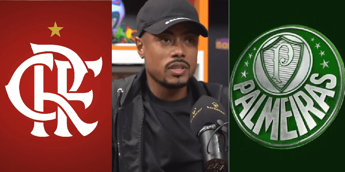 Bruno Henrique entre os escudos do Palmeiras e Flamengo (Foto: Reprodução/ YouTube/Barbacast)