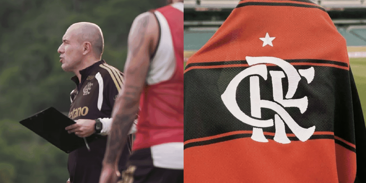 Leonardo Jardim ao lado do escudo do Flamengo (Foto: Reprodução/ YouTube/ Flamengo TV)