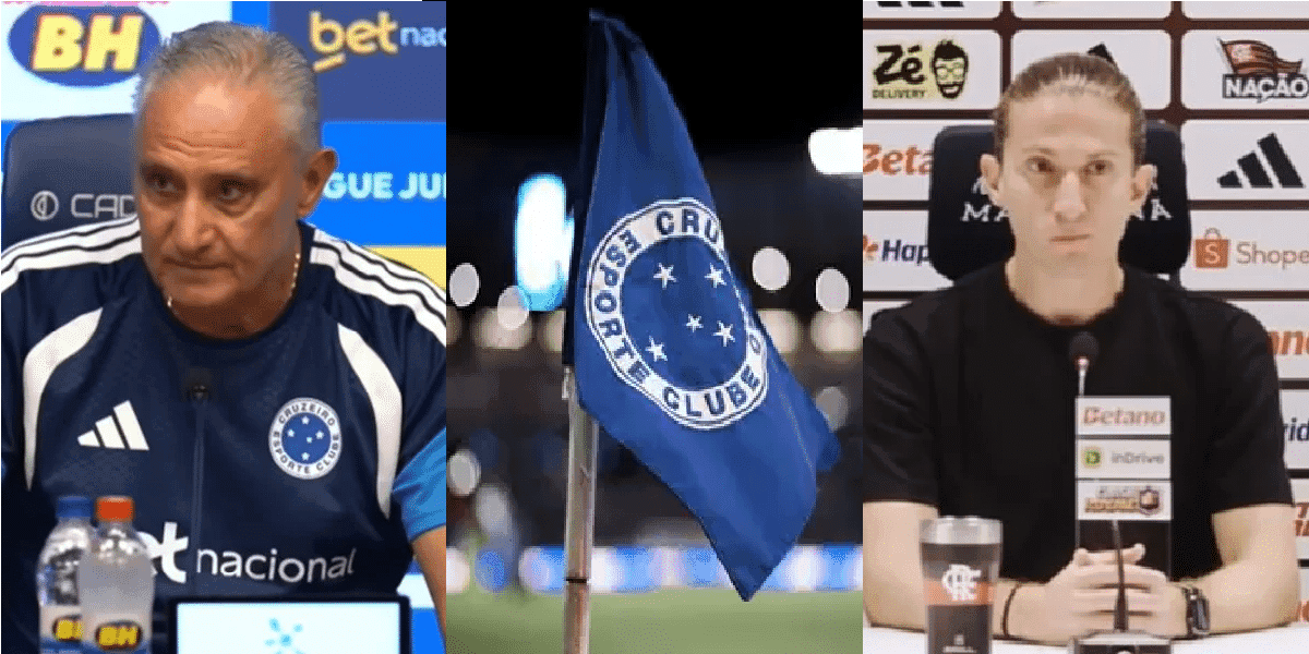 Tite e Filipe Luís ao lado da bandeira do Cruzeiro (Foto: Reprodução/ YouTube)