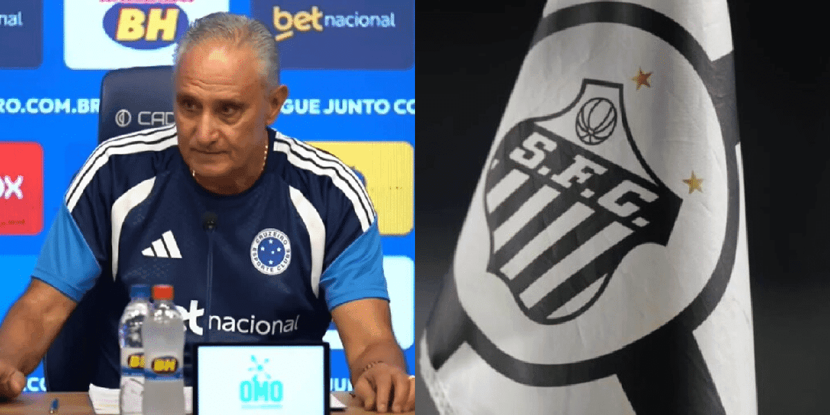 Tite ao lado do escudo do Santos (Foto: Reprodução/YouTube/ Cruzeiro TV)