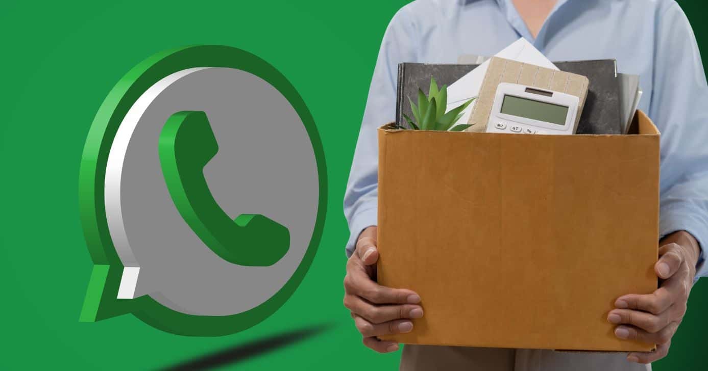Ilustrações logo WhatsApp e pessoa demitida (Fotos: Canva)