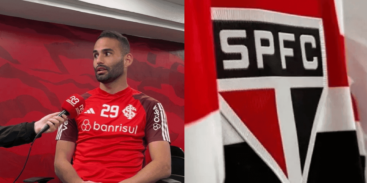 Thiago Maia / escudo do São Paulo (Foto: Reprodução/ Esporte Band)