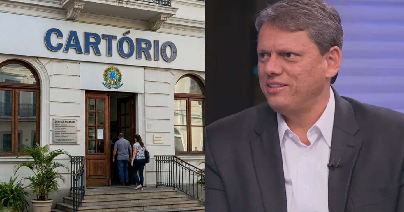 Ilustração cartório e Tarcísio de Freitas (Foto: Montagem TV Foco / GMN / Globo)