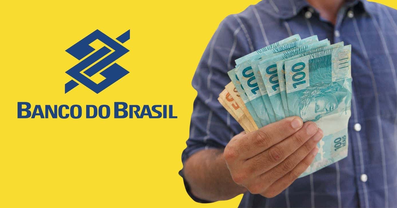 Logo do Banco do Brasil e homem segurando notas de real (Fotos: Reproduções / Internet / Canva)