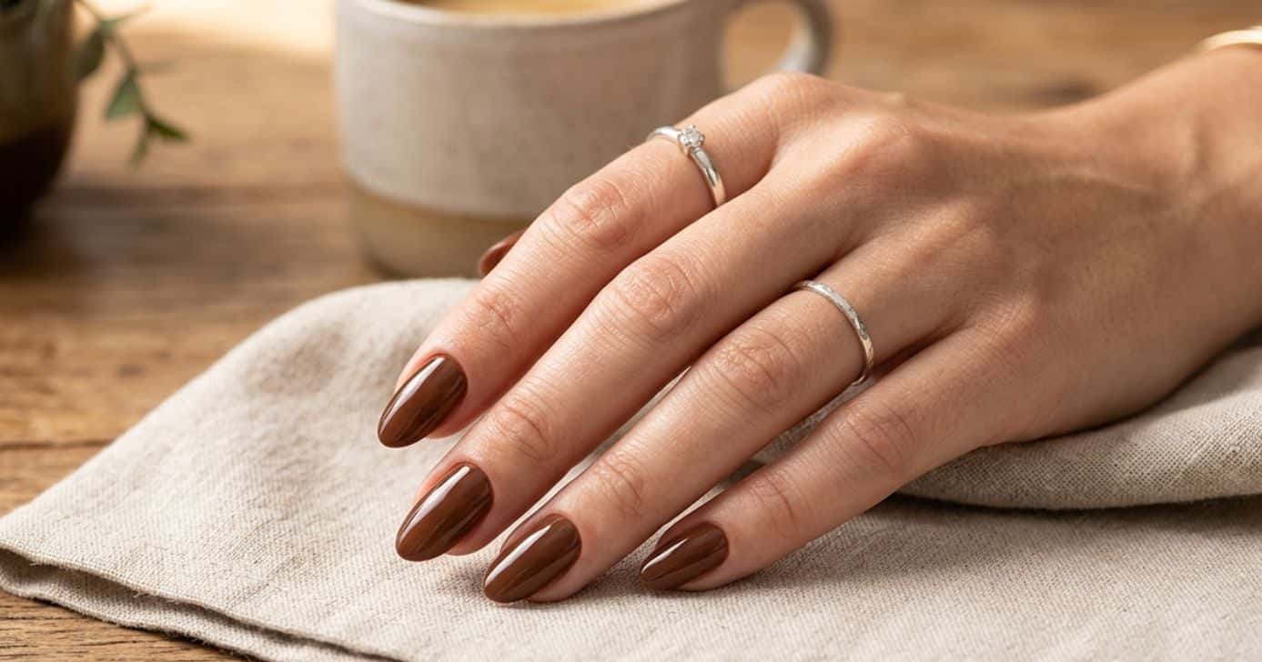 Unha com esmalte marrom (Foto: Montagem TV Foco / GMN)