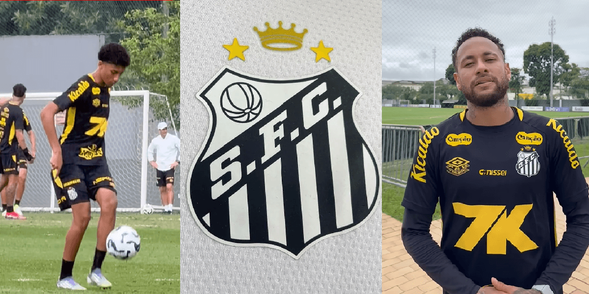 Robinho Jr e Neymar ao lado do escudo do Santos (Foto: Reprodução/ YouTube)