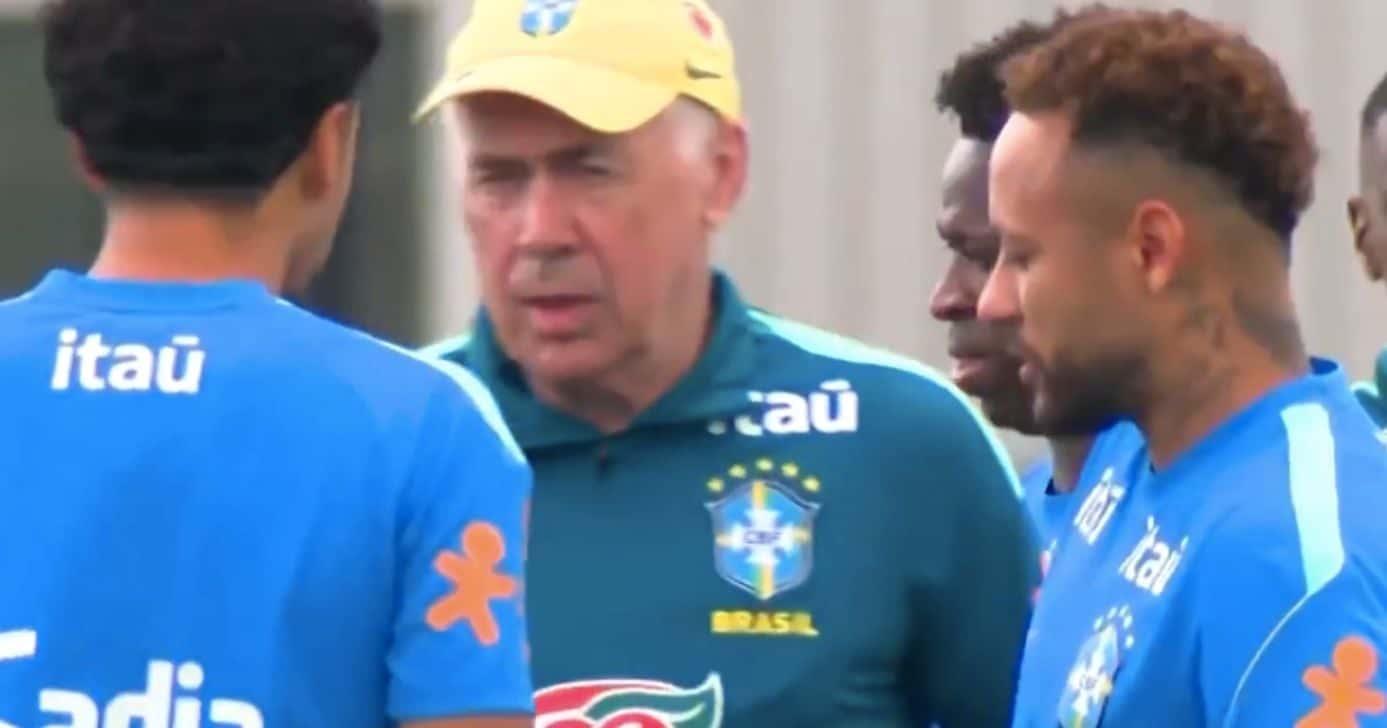Carlo Ancelotti, Vini Jr e Neymar (Foto: Reprodução / Globo)