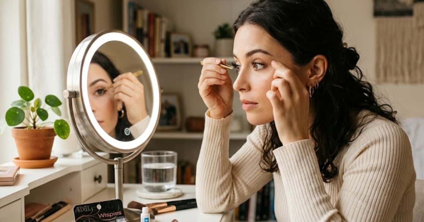 Ilustração mulher colando cílios postiços (Foto: Montagem TV Foco / GMN)