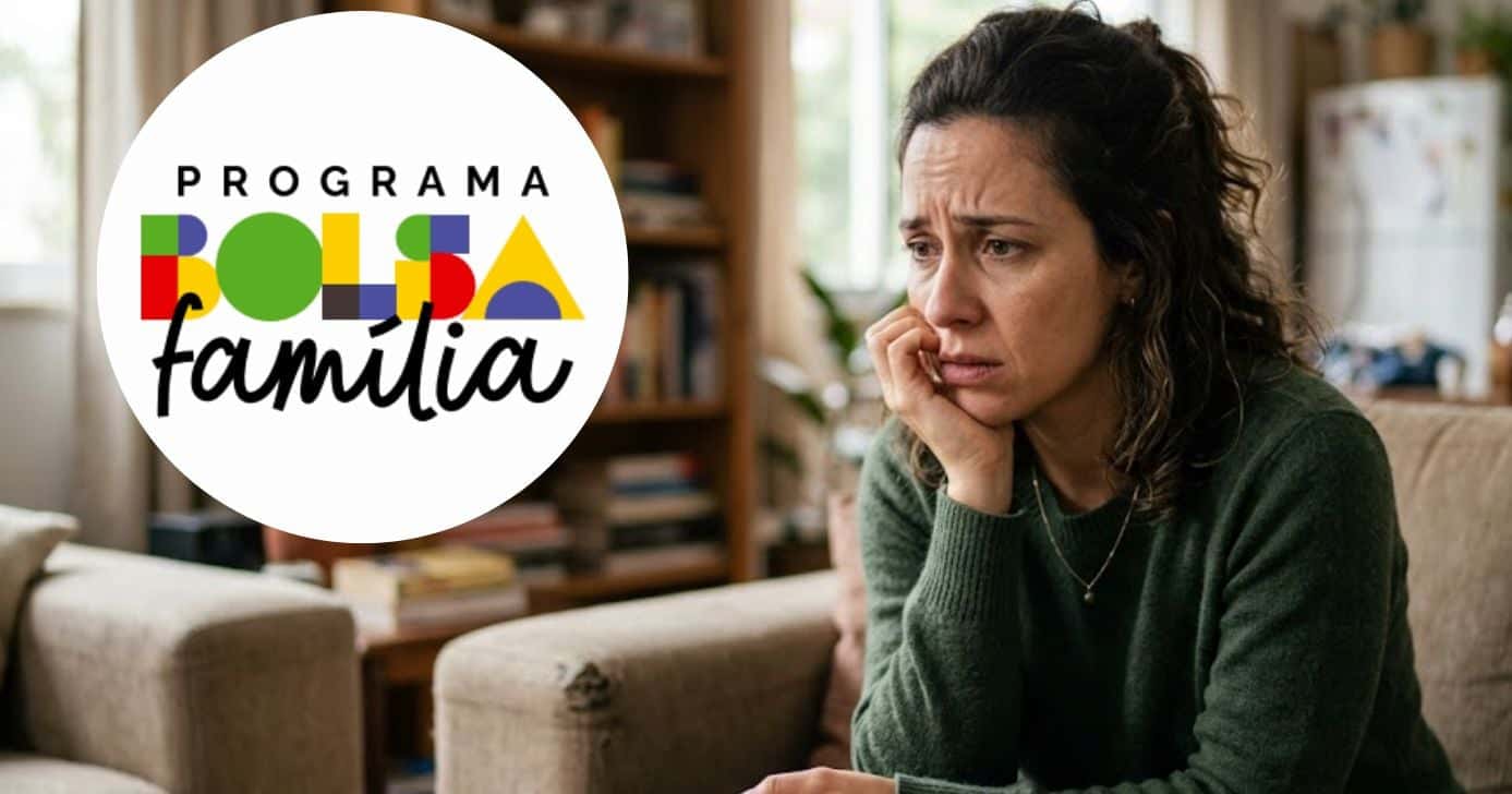 Logo Bolsa Família e mulher preocupada (Foto: Montagem TV Foco / GMN)