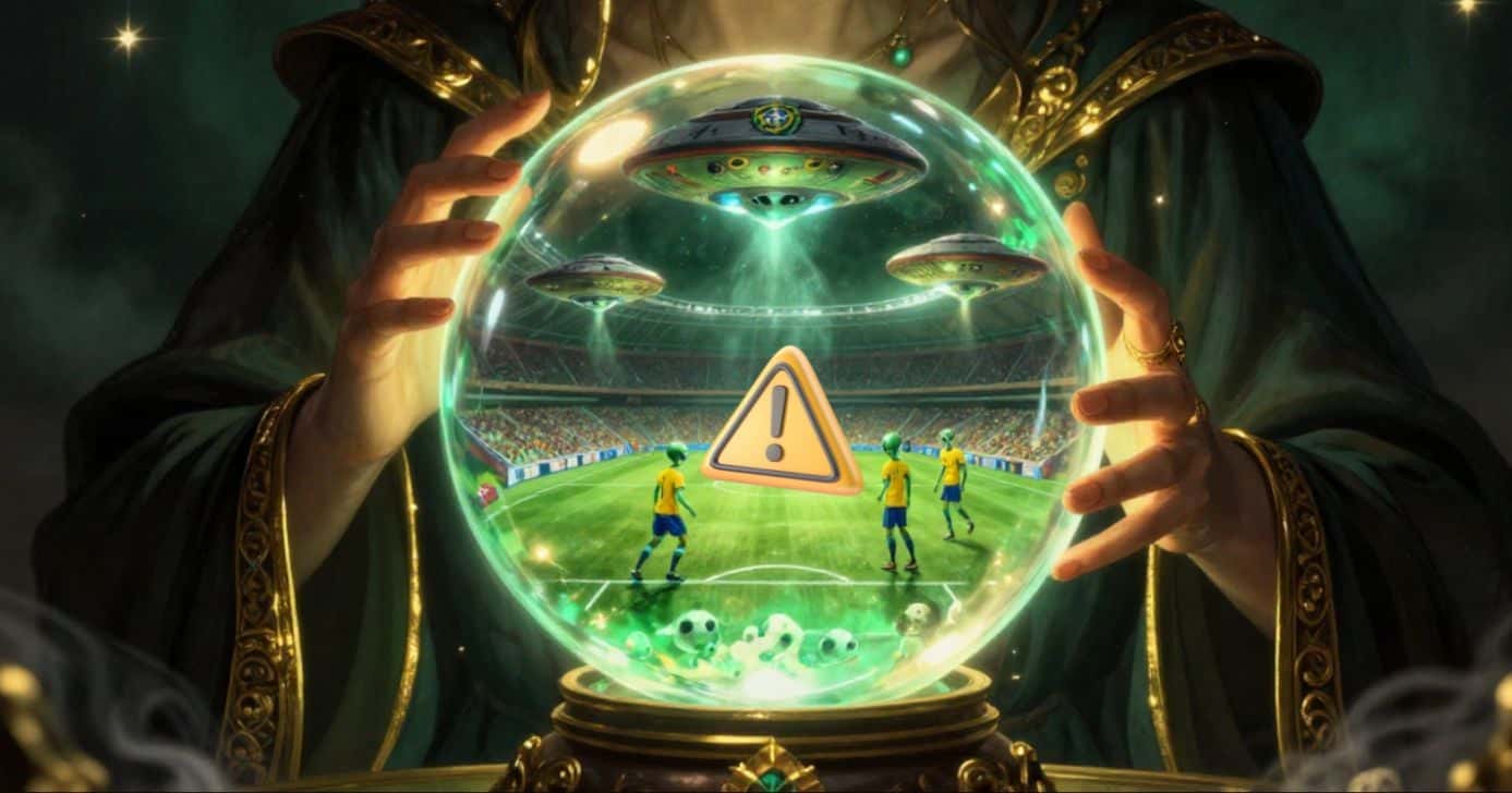 Ilustração de vidente e estádio da Copa invadido por ETs (Foto: Reprodução / Canva / Montagem TV Foco)