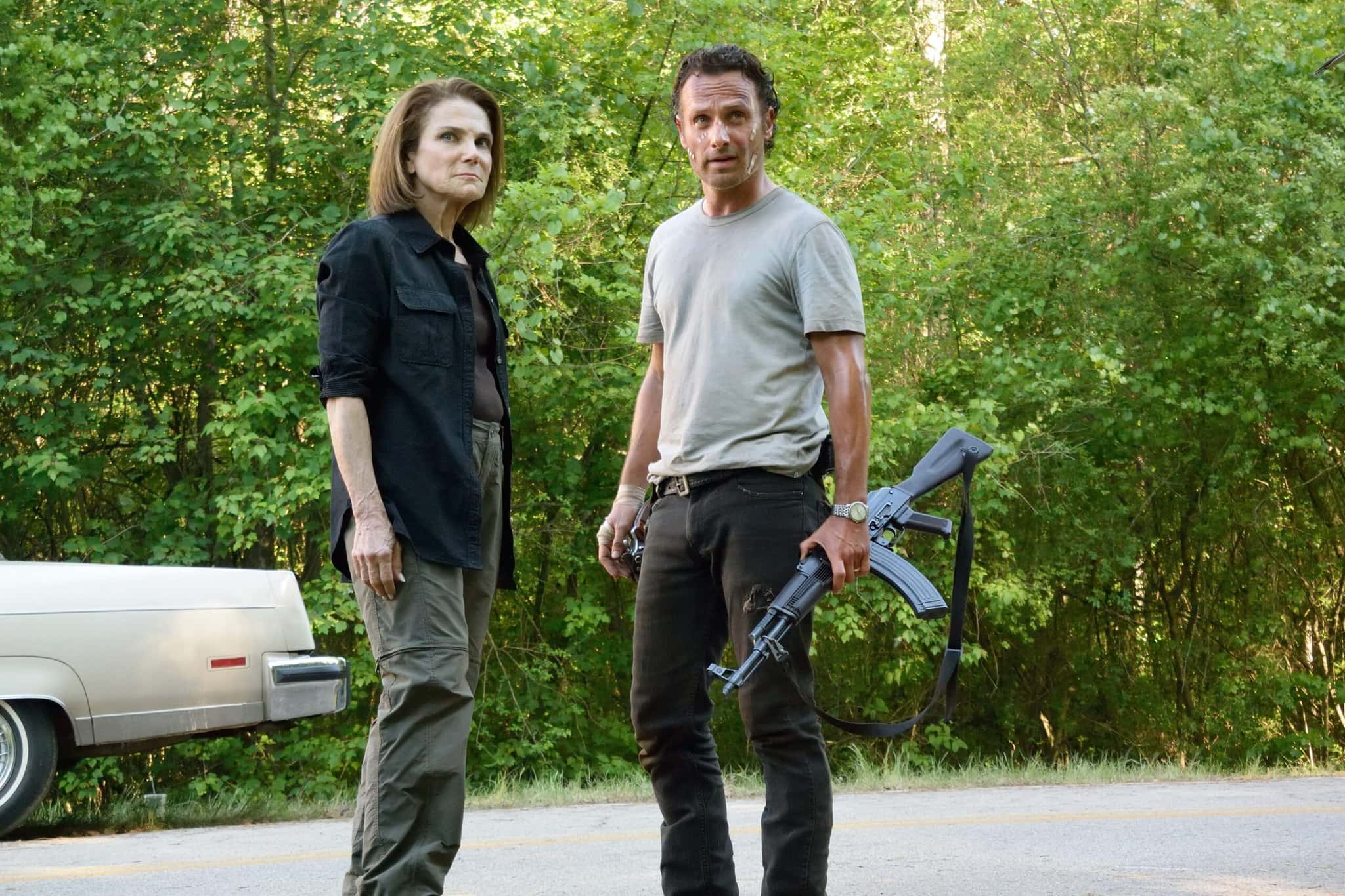 Tovah Feldshuh as Deanna Monroe and Andrew Lincoln as Rick Grimes - The Walking Dead _ Season 6, Episode 1 - Photo Credit: Gene Page/AMC