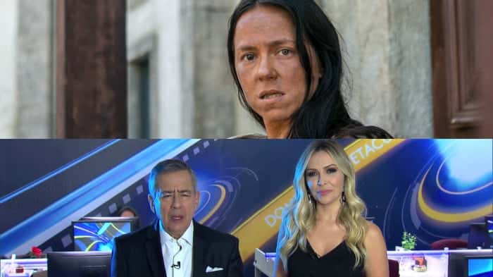 Vivianne Pasmanter caracterizada em Novo Mundo (Foto: Globo/Raquel Cunha) e os apresentadores do "Domingo Espetacular" da Record (Foto reprodução)