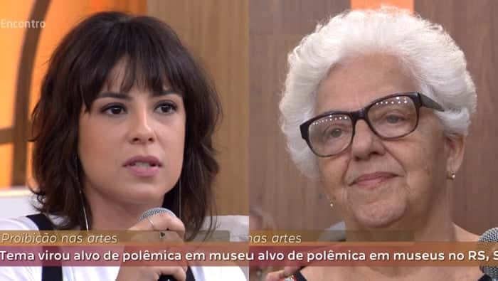A atriz Andreia Horta durante discussão com senhora da plateia no "Encontro" (Foto: Reprodução/Globo)