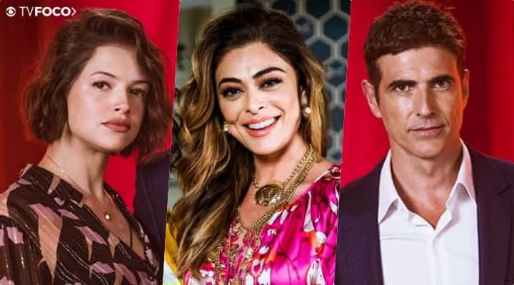 Régis (Reynaldo Gianecchini) fica com Maria da Paz (Juliana Paes) e Josiane (Agatha Moreira) na novela A Dona do Pedaço (Foto: Globo/Montagem/TV Foco)