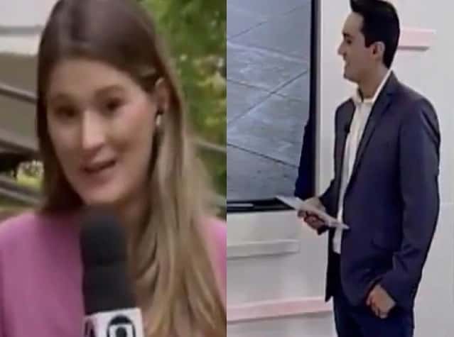 A jornalista Marcela Mesquita foi pega de surpresa por uma garotinha, no MG1, da Globo, e o apresentador Cléber Correa se divertiu com a situação (Foto: Reprodução)