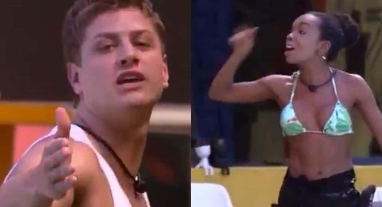 Lucas e Thelma bateram boca durante o almoço no BBB 20, da Globo (Foto: Reprodução)